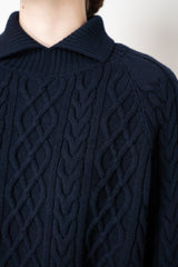 Lorena Antoniazzi Virgin Wool Collared Cable Knit Pullover in Navy