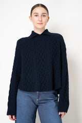 Lorena Antoniazzi Virgin Wool Collared Cable Knit Pullover in Navy