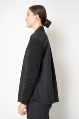 Tonet Merino Weave Button-Up Flannel Blouse with Knit Sleeves in Dark Grey