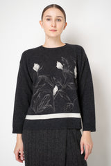 Tonet Wool Cashmere Round Neck Pullover with Contrasting Botanical Print in Charcoal