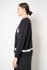 Tonet Wool Cashmere Round Neck Pullover with Contrasting Botanical Print in Charcoal