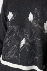 Tonet Wool Cashmere Round Neck Pullover with Contrasting Botanical Print in Charcoal