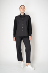 Tonet Merino Weave Button-Up Flannel Blouse with Knit Sleeves in Dark Grey