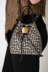 Balmain Mini Pulse Monogram Jacquard Bag in Black and Beige