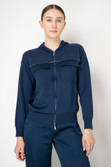 Tonet Silk Cashmere Patch Blocking Hooded Zip Jacket in Navy