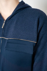 Tonet Silk Cashmere Patch Blocking Hooded Zip Jacket in Navy