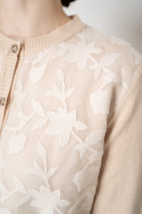 Tonet Merino Cashmere Knit Cardigan with Botanical Embroidery in Vanilla