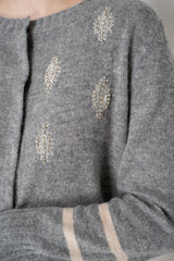 Tonet Cashmere Blend Knit Cardigan with "Vintage Mirror" Appliqué in Light Grey