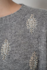 Tonet Cashmere Blend Knit Cardigan with "Vintage Mirror" Appliqué in Light Grey
