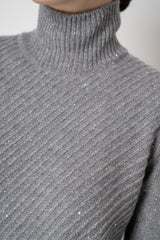 Tonet Wool Cashmere Knit Sequin Turtleneck Pullover with Stockinette Stripes in Light Grey