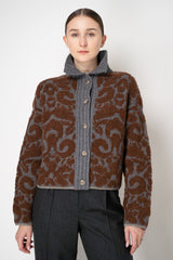 Tonet Wool Alpaca Bouclé Cardigan in Brown and Grey Brocade Pattern