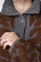 Tonet Wool Alpaca Bouclé Cardigan in Brown and Grey Brocade Pattern
