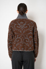 Tonet Wool Alpaca Bouclé Cardigan in Brown and Grey Brocade Pattern
