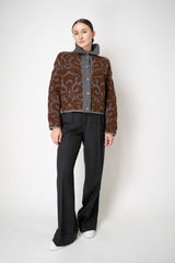 Tonet Wool Alpaca Bouclé Cardigan in Brown and Grey Brocade Pattern