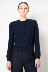 Tonet Merino Wool Knit Crew Neck Pullover with Textured Front in Navy