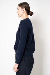 Tonet Merino Wool Knit Crew Neck Pullover with Textured Front in Navy