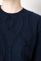Tonet Merino Wool Knit Crew Neck Pullover with Textured Front in Navy