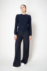 Tonet Merino Wool Knit Crew Neck Pullover with Textured Front in Navy