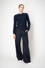 Tonet Merino Wool Knit Crew Neck Pullover with Textured Front in Navy