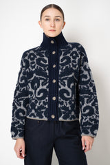 Tonet Wool Alpaca Bouclé Cardigan in Navy and Grey Brocade Pattern