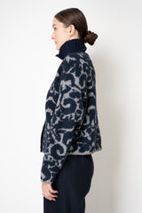 Tonet Wool Alpaca Bouclé Cardigan in Navy and Grey Brocade Pattern
