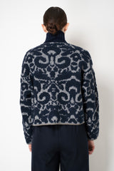 Tonet Wool Alpaca Bouclé Cardigan in Navy and Grey Brocade Pattern