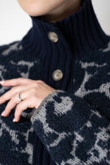 Tonet Wool Alpaca Bouclé Cardigan in Navy and Grey Brocade Pattern