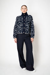 Tonet Wool Alpaca Bouclé Cardigan in Navy and Grey Brocade Pattern