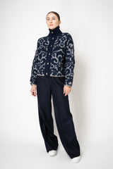 Tonet Wool Alpaca Bouclé Cardigan in Navy and Grey Brocade Pattern