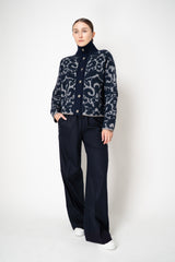 Tonet Wool Alpaca Bouclé Cardigan in Navy and Grey Brocade Pattern