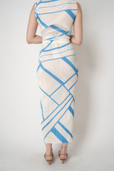 Pleats Please Issey Miyake Fold Line Maxi Skirt in Cream and Blue Pattern