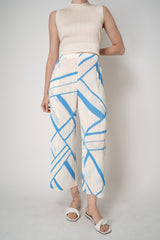 Pleats Please Issey Miyake Fold Line Straight Leg Trousers in Cream and Blue Pattern