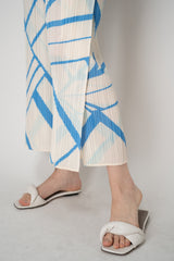 Pleats Please Issey Miyake Fold Line Straight Leg Trousers in Cream and Blue Pattern