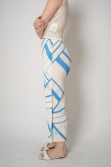 Pleats Please Issey Miyake Fold Line Straight Leg Trousers in Cream and Blue Pattern