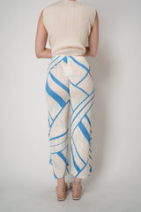 Pleats Please Issey Miyake Fold Line Straight Leg Trousers in Cream and Blue Pattern