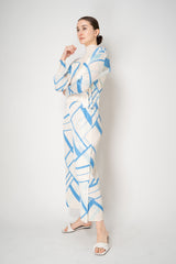Pleats Please Issey Miyake Fold Line Open Front Cardigan in Cream and Blue Pattern