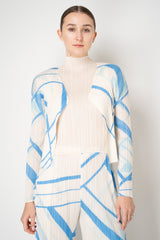 Pleats Please Issey Miyake Fold Line Open Front Cardigan in Cream and Blue Pattern