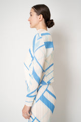 Pleats Please Issey Miyake Fold Line Open Front Cardigan in Cream and Blue Pattern