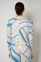 Pleats Please Issey Miyake Fold Line Open Front Cardigan in Cream and Blue Pattern