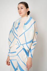 Pleats Please Issey Miyake Fold Line Open Front Cardigan in Cream and Blue Pattern