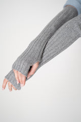 Tonet Wool Cashmere Rib Knit Fingerless Gloves in Light Grey
