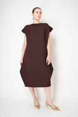 Pleats Please Issey Miyake Zig Zag Knit Ankle Length Sleeveless Dress in Chocolate Brown