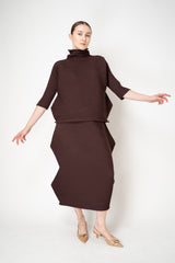 Pleats Please Issey Miyake Zig Zag Knit High Neck Pullover in Chocolate Brown