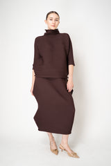 Pleats Please Issey Miyake Zig Zag Knit High Neck Pullover in Chocolate Brown