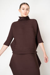 Pleats Please Issey Miyake Zig Zag Knit High Neck Pullover in Chocolate Brown
