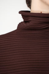 Pleats Please Issey Miyake Zig Zag Knit High Neck Pullover in Chocolate Brown