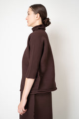 Pleats Please Issey Miyake Zig Zag Knit High Neck Pullover in Chocolate Brown