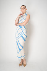 Pleats Please Issey Miyake Fold Line Maxi Skirt in Cream and Blue Pattern