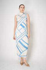 Pleats Please Issey Miyake Fold Line Sleeveless Top in Cream and Blue Pattern