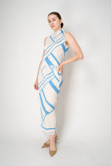 Pleats Please Issey Miyake Fold Line Maxi Skirt in Cream and Blue Pattern